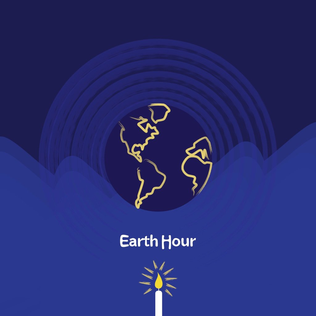 The 'Earth' in navy blue with yellow outlines of continents, the words 'Earth Hour' below it and a white candle with a yellow flame glowing below that.
